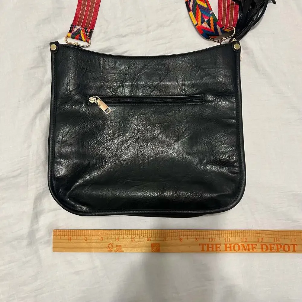 Black Faux Leather Crossbody Bag with Colorful Woven Guitar Strap and Tassel